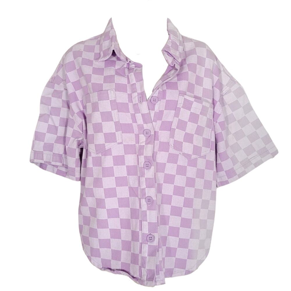 Prettylittlething patel Purple Checkered short sleeve denim button down size 6